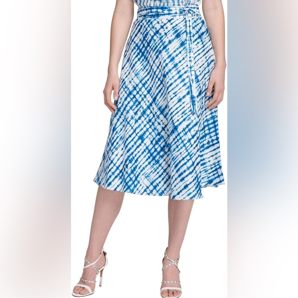 DKNY Tie Dye Print Belted Wrap Skirt Below Knee NWT